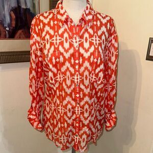 Chico’s Orange/White Patterned Button-Up Shirt Size Large-3